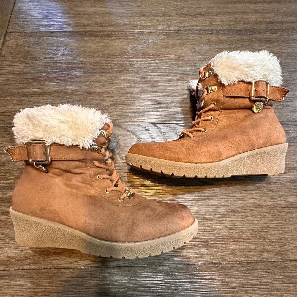 Kids Michael Kors Myra Wendee Camel Faux‎ Suede Fur Laced Wedge Ankle Boots Sz 4